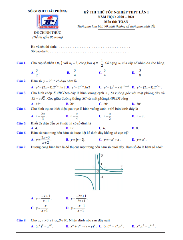 đề thi thử toán tốt nghiệp thpt 2021 lần 1 trường chuyên trần phú – hải phòng