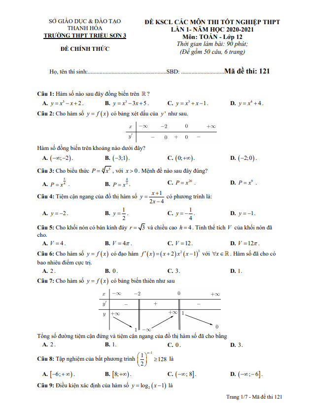 đề thi thử toán tốt nghiệp thpt 2021 lần 1 trường triệu sơn 3 – thanh hóa