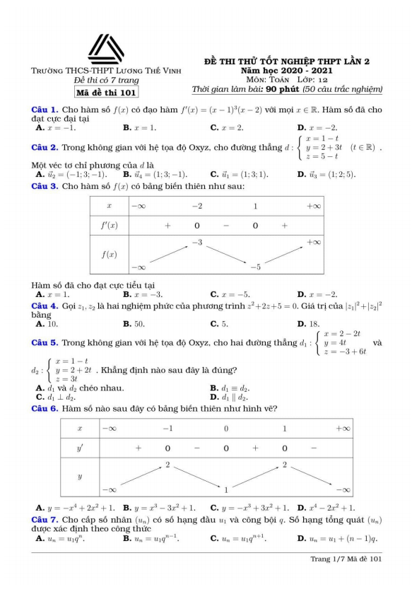 đề thi thử toán tốt nghiệp thpt 2021 lần 2 trường lương thế vinh – hà nội