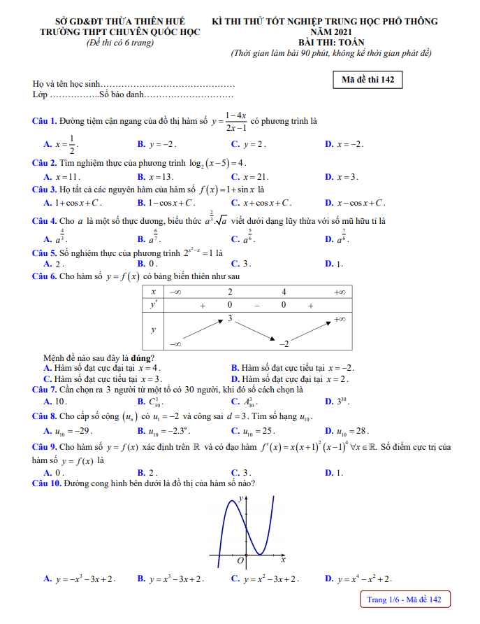 đề thi thử toán tốt nghiệp thpt 2021 lần 3 trường chuyên quốc học huế