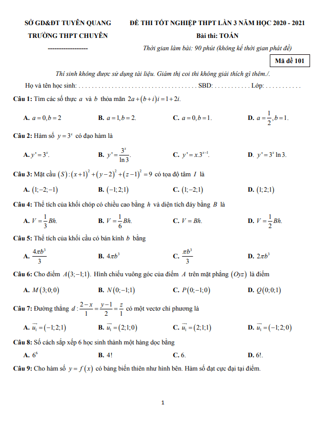 đề thi thử toán tốt nghiệp thpt 2021 lần 3 trường thpt chuyên tuyên quang