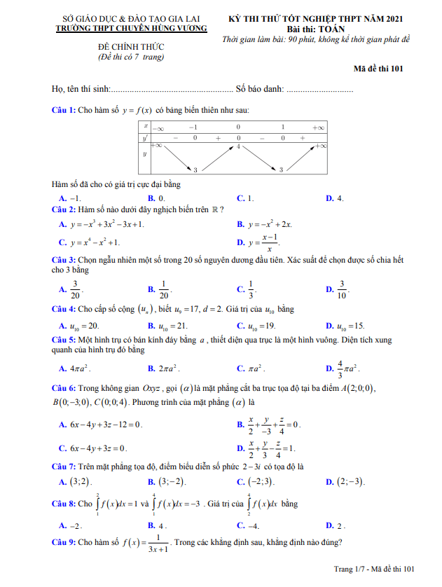 đề thi thử toán tốt nghiệp thpt 2021 trường chuyên hùng vương – gia lai