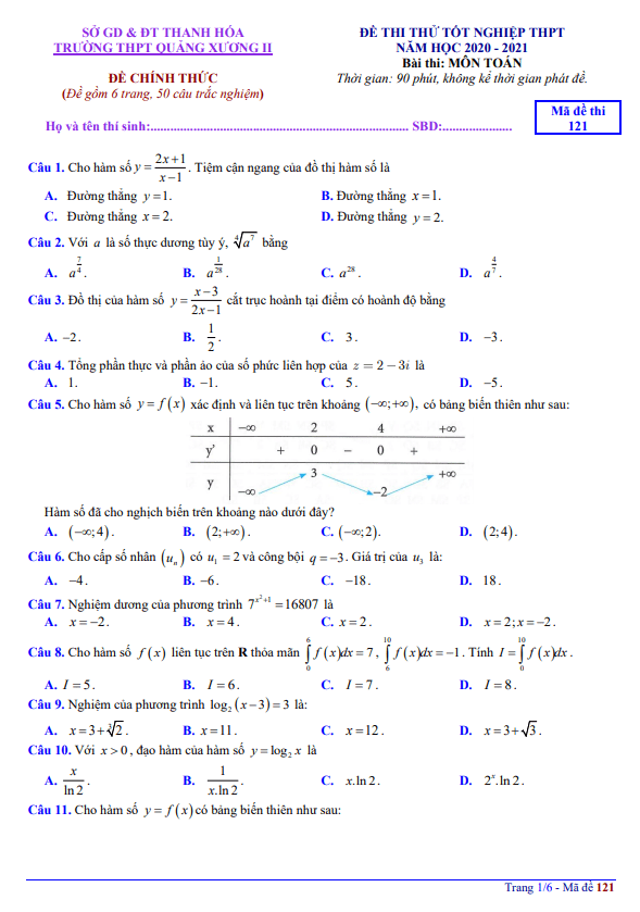 đề thi thử toán tốt nghiệp thpt 2021 trường quảng xương 2 – thanh hóa