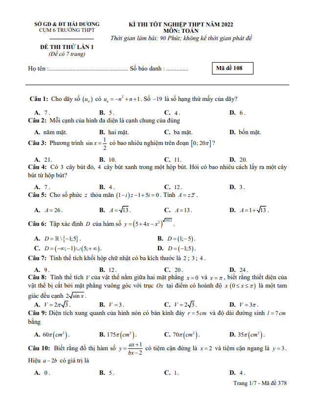 đề thi thử toán tốt nghiệp thpt 2022 lần 1 cụm 6 trường thpt sở gd&đt hải dương