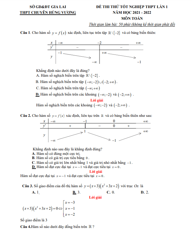 đề thi thử toán tốt nghiệp thpt 2022 lần 1 trường chuyên hùng vương – gia lai