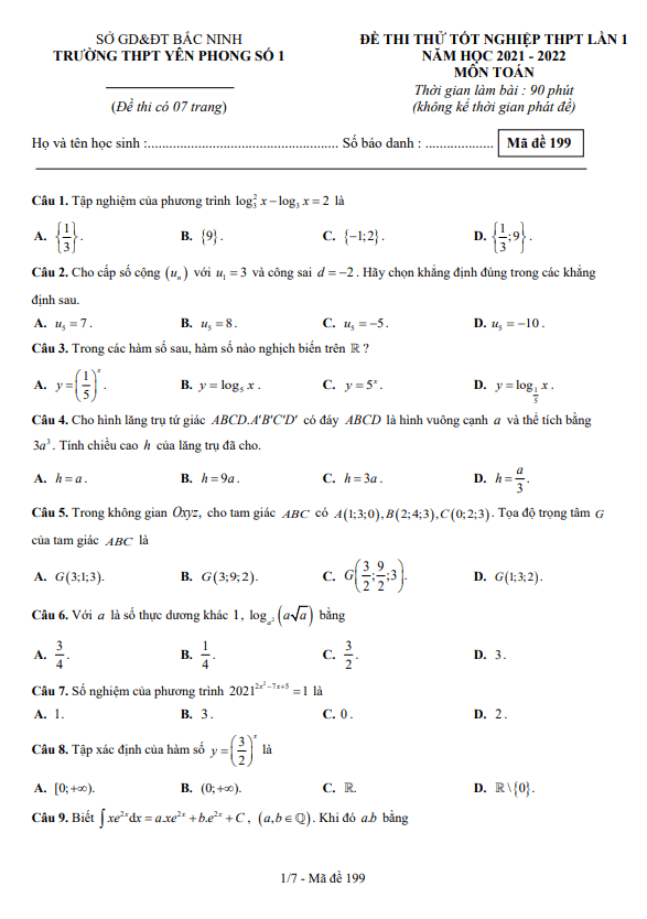 đề thi thử toán tốt nghiệp thpt 2022 lần 1 trường thpt yên phong 1 – bắc ninh