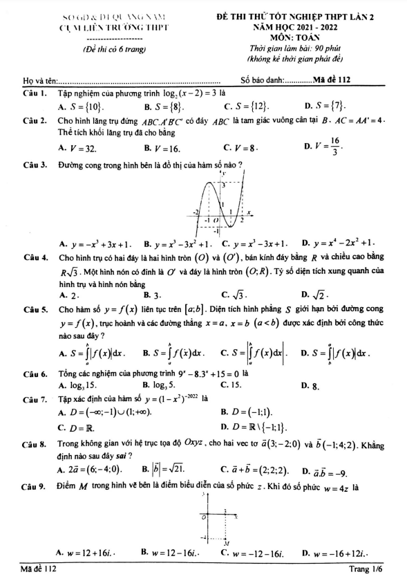 đề thi thử toán tốt nghiệp thpt 2022 lần 2 cụm liên trường thpt – quảng nam