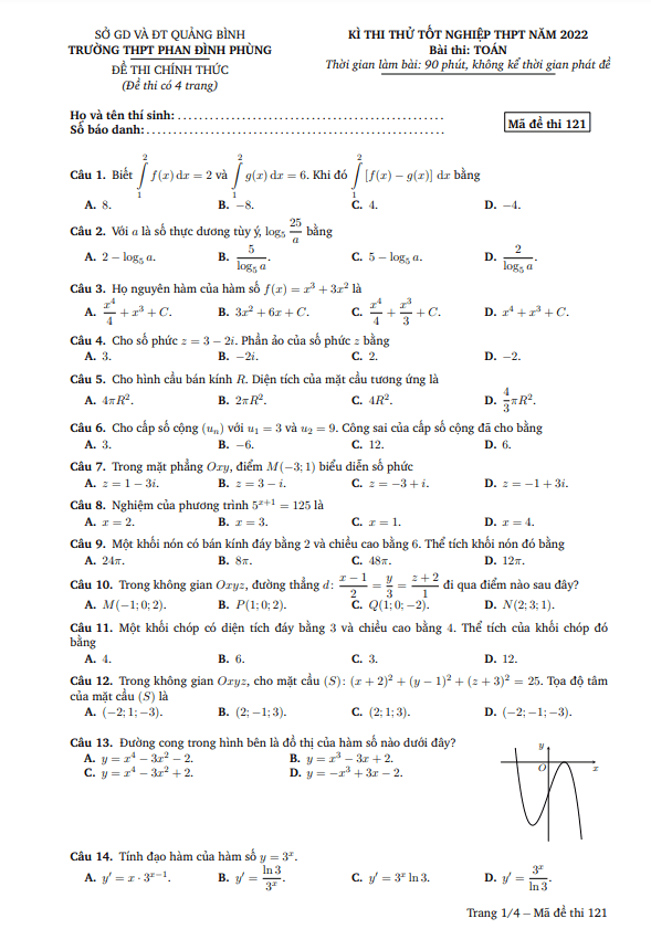 đề thi thử toán tốt nghiệp thpt 2022 trường phan đình phùng – quảng bình
