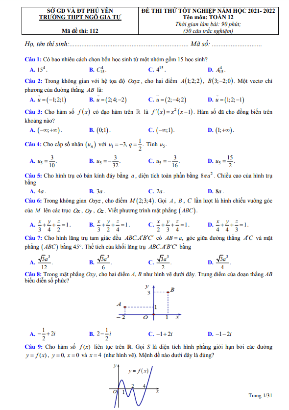 đề thi thử toán tốt nghiệp thpt 2022 trường thpt ngô gia tự – phú yên