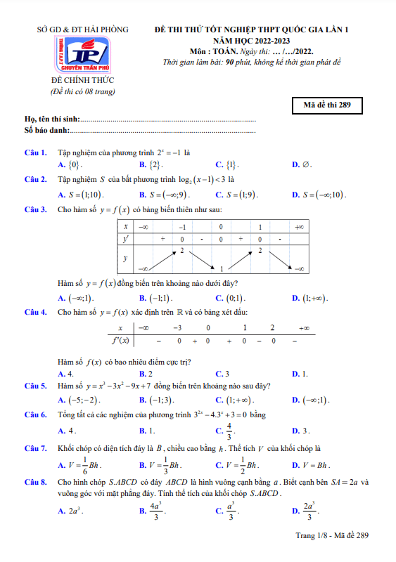đề thi thử toán tốt nghiệp thpt 2023 lần 1 trường chuyên trần phú – hải phòng