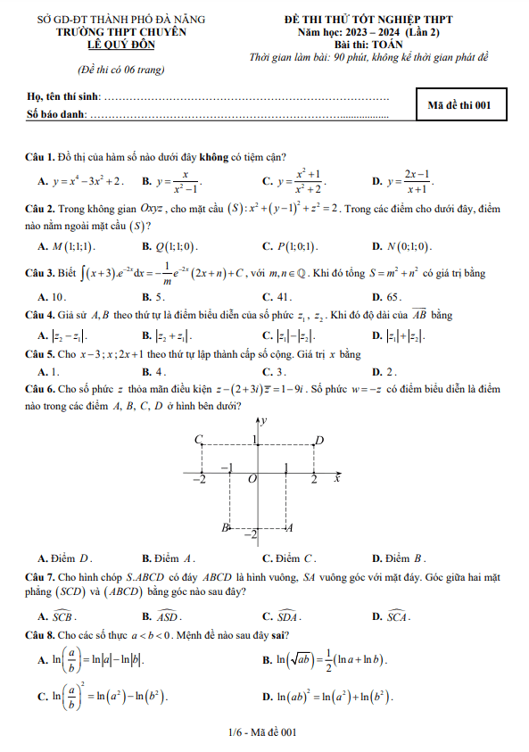 đề thi thử toán tốt nghiệp thpt 2024 lần 2 trường chuyên lê quý đôn – đà nẵng