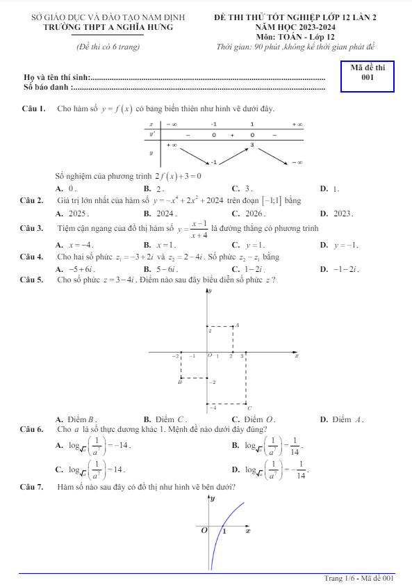 đề thi thử toán tốt nghiệp thpt 2024 lần 2 trường thpt a nghĩa hưng – nam định