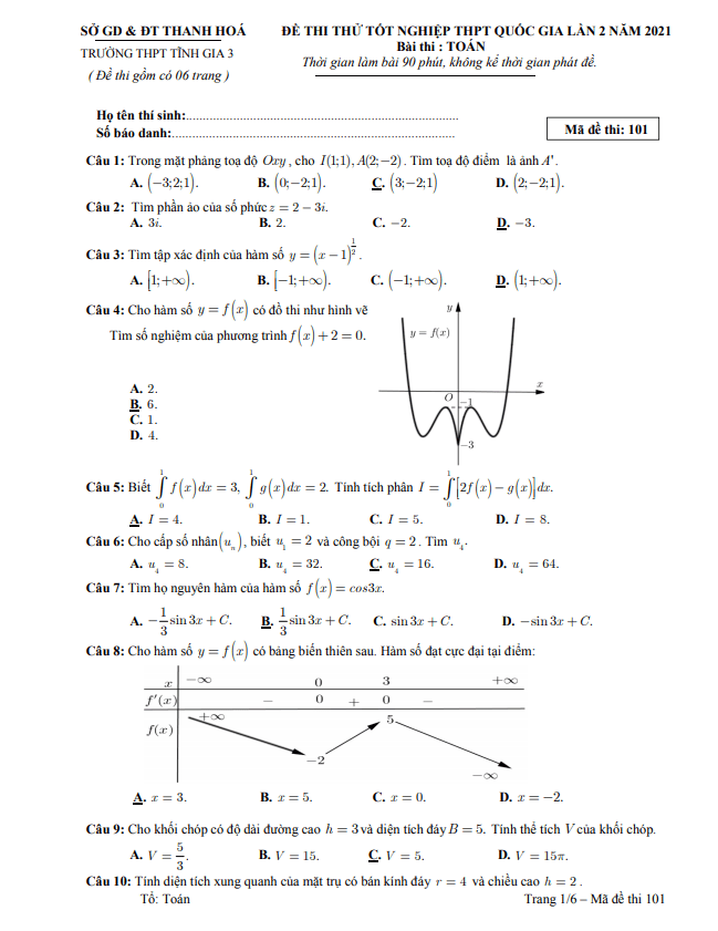 đề thi thử toán tốt nghiệp thptqg 2021 lần 2 trường tĩnh gia 3 – thanh hóa