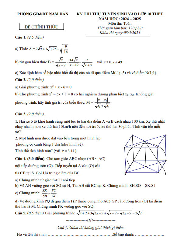 đề thi thử toán tuyển sinh lớp 10 năm 2024 – 2025 phòng gd&đt nam đàn – nghệ an