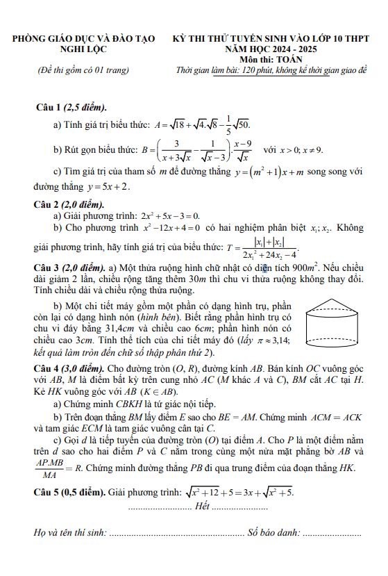 đề thi thử toán tuyển sinh lớp 10 năm 2024 – 2025 phòng gd&đt nghi lộc – nghệ an