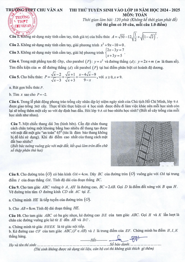 đề thi thử toán tuyển sinh lớp 10 năm 2024 – 2025 trường thpt chu văn an – thái nguyên