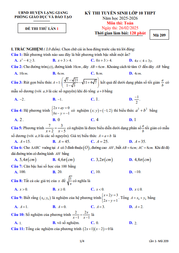 đề thi thử toán vào 10 lần 1 năm 2025 – 2026 phòng gd&đt lạng giang – bắc giang