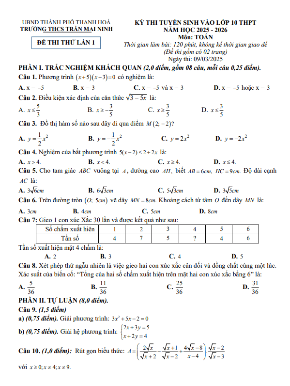 đề thi thử toán vào 10 lần 1 năm 2025 – 2026 trường thcs trần mai ninh – thanh hóa