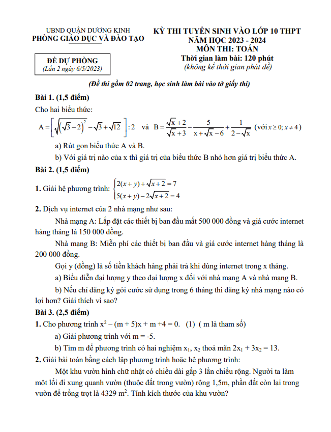 đề thi thử toán vào 10 lần 2 năm 2023 – 2024 phòng gd&đt dương kinh – hải phòng