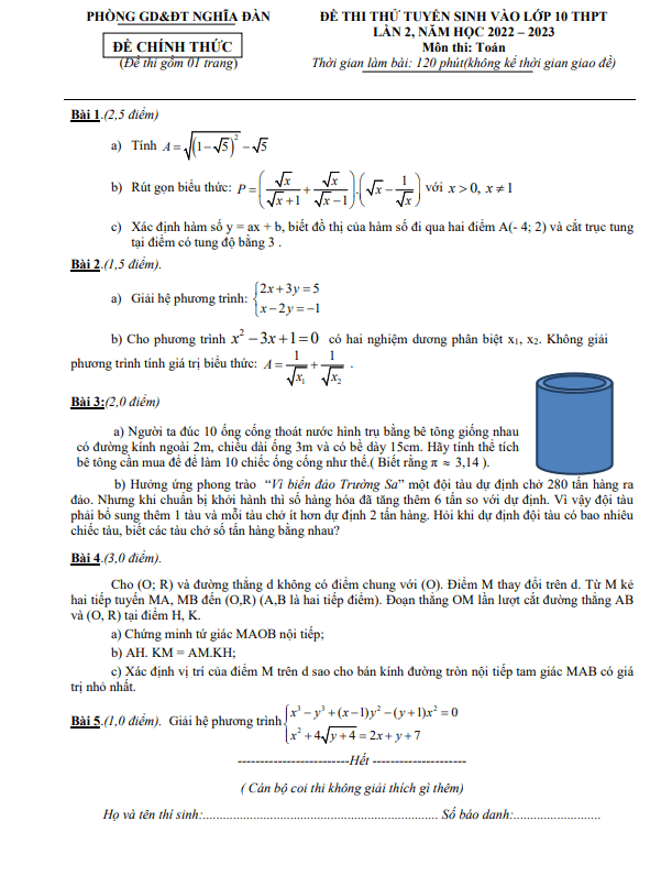 đề thi thử toán vào lớp 10 lần 2 năm 2023 phòng gd&đt nghĩa đàn – nghệ an