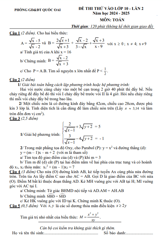 đề thi thử toán vào lớp 10 lần 2 năm 2024 – 2025 phòng gd&đt quốc oai – hà nội