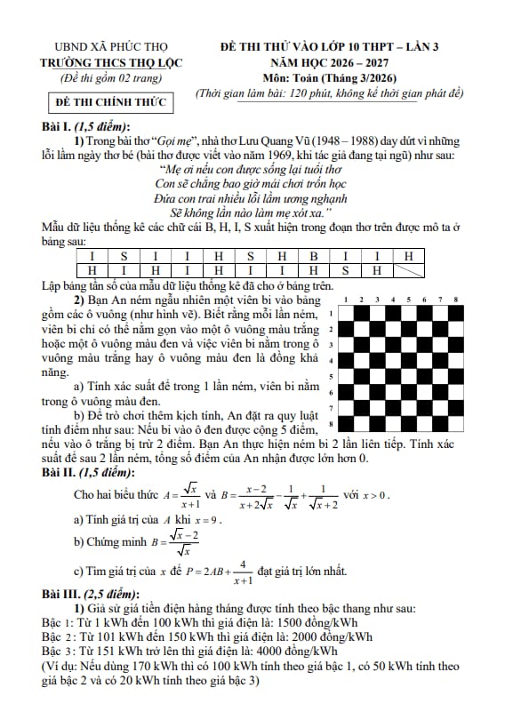 đề thi thử toán vào lớp 10 lần 3 năm 2026 – 2027 trường thcs thọ lộc – hà nội