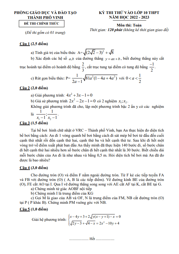 đề thi thử toán vào lớp 10 năm 2022 – 2023 phòng gd&đt thành phố vinh – nghệ an