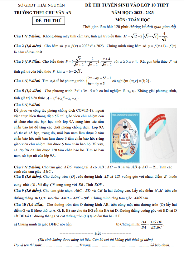 đề thi thử toán vào lớp 10 năm 2022 – 2023 trường thpt chu văn an – thái nguyên