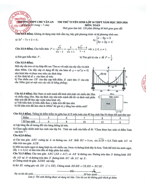 đề thi thử toán vào lớp 10 năm 2025 – 2026 trường thpt chu văn an – thái nguyên