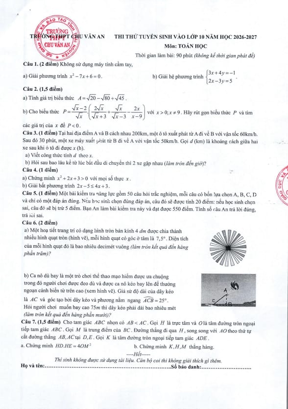 đề thi thử toán vào lớp 10 năm 2026 – 2027 trường thpt chu văn an – thái nguyên
