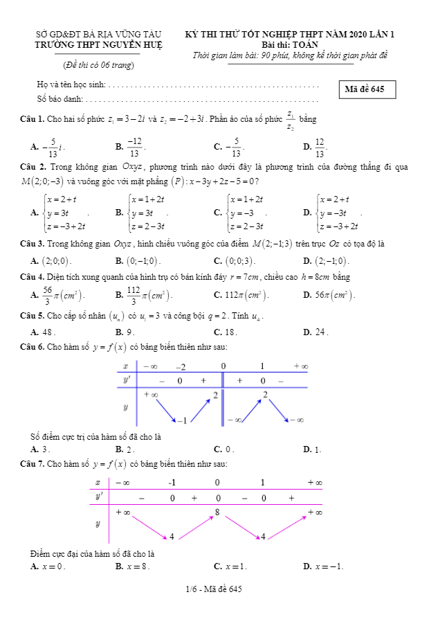 đề thi thử tốt nghiệp thpt 2020 lần 1 môn toán trường thpt nguyễn huệ – br vt