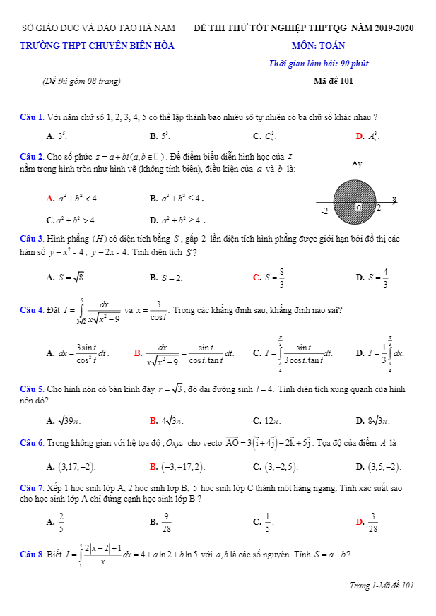 đề thi thử tốt nghiệp thpt 2020 lần 2 môn toán trường chuyên biên hòa – hà nam