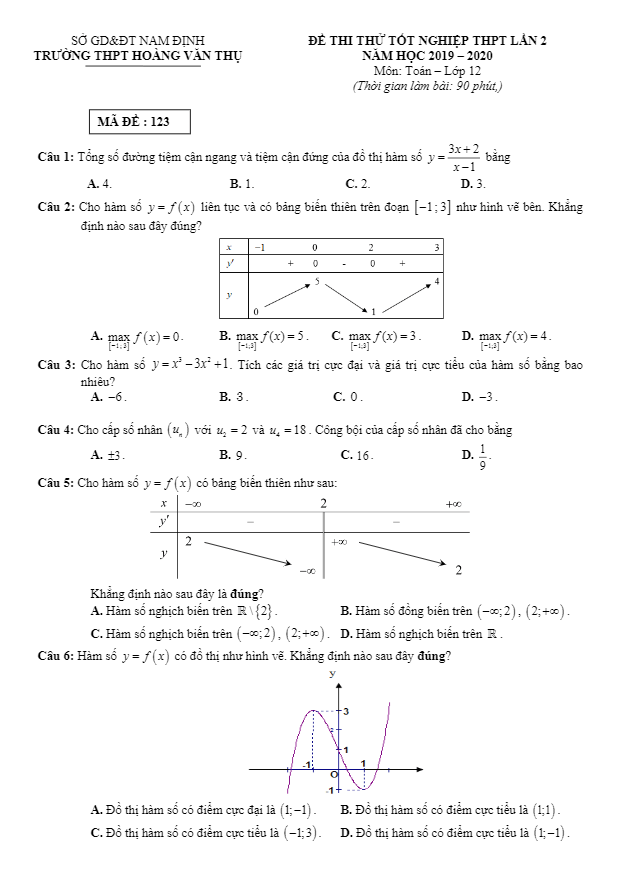 đề thi thử tốt nghiệp thpt 2020 lần 2 môn toán trường hoàng văn thụ – nam định