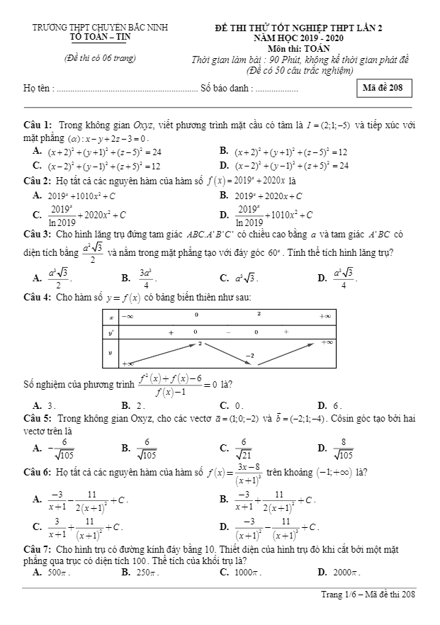 đề thi thử tốt nghiệp thpt 2020 lần 2 môn toán trường thpt chuyên bắc ninh