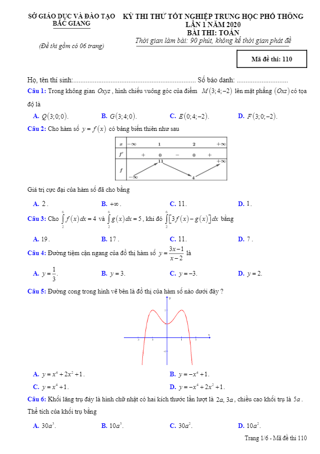 đề thi thử tốt nghiệp thpt 2020 môn toán lần 1 sở gd&đt bắc giang