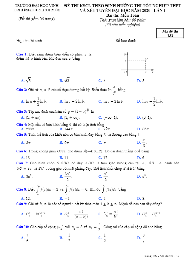 đề thi thử tốt nghiệp thpt 2020 môn toán lần 1 trường thpt chuyên đh vinh – nghệ an