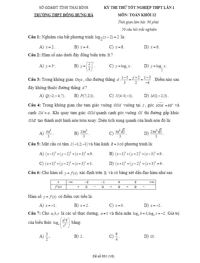 đề thi thử tốt nghiệp thpt 2020 môn toán lần 1 trường thpt đông hưng hà – thái bình