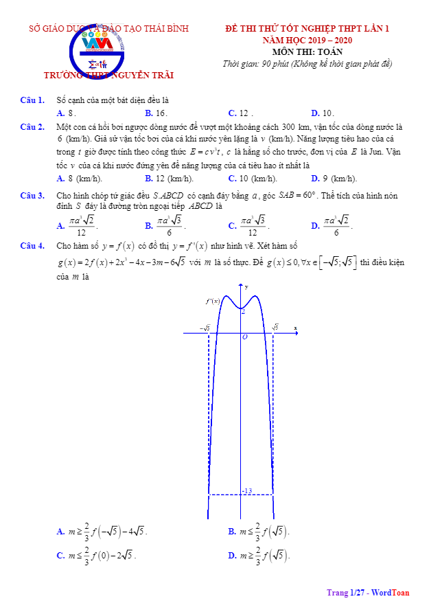 đề thi thử tốt nghiệp thpt 2020 môn toán lần 1 trường thpt nguyễn trãi – thái bình