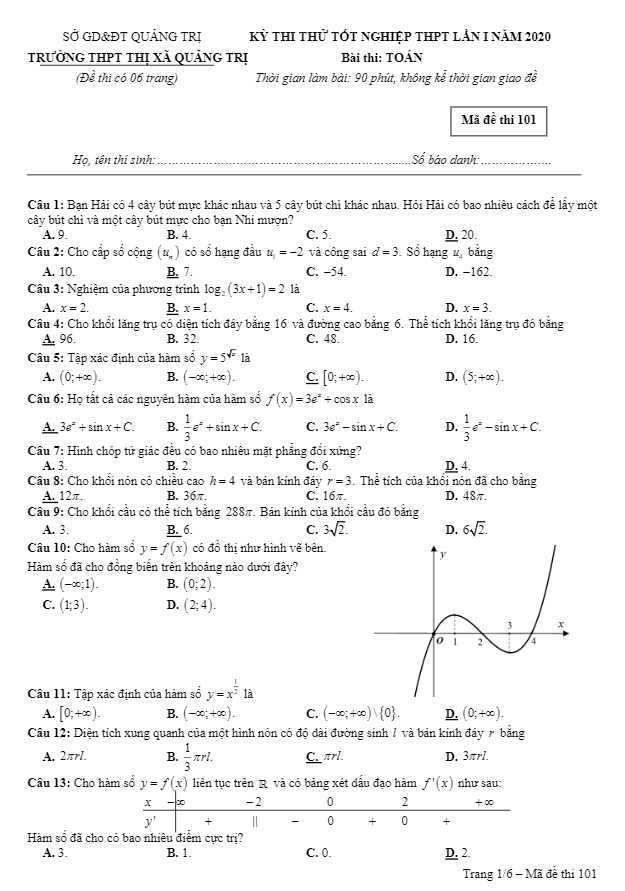 đề thi thử tốt nghiệp thpt 2020 môn toán lần 1 trường thpt thị xã quảng trị