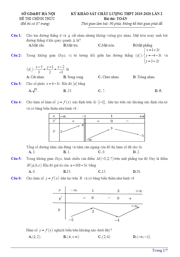 đề thi thử tốt nghiệp thpt 2020 môn toán lần 2 sở gd&đt hà nội