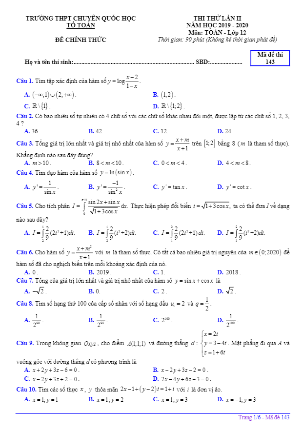 đề thi thử tốt nghiệp thpt 2020 môn toán lần 2 trường chuyên quốc học huế