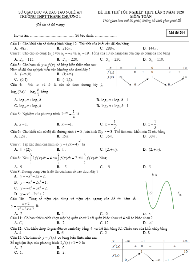 đề thi thử tốt nghiệp thpt 2020 môn toán lần 2 trường thanh chương 1 – nghệ an