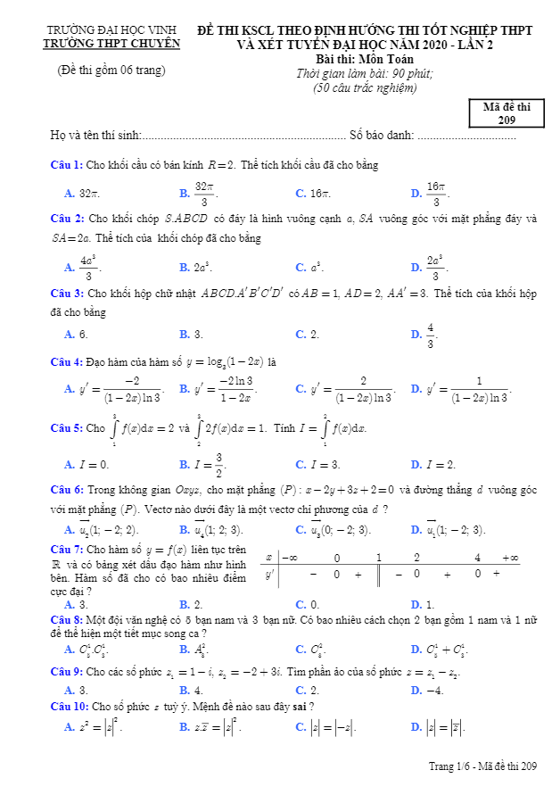 đề thi thử tốt nghiệp thpt 2020 môn toán lần 2 trường thpt chuyên đh vinh – nghệ an