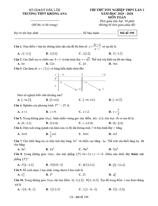 đề thi thử tốt nghiệp thpt 2020 môn toán lần 2 trường thpt krông ana – đắk lắk