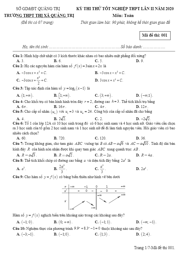 đề thi thử tốt nghiệp thpt 2020 môn toán lần 2 trường thpt thị xã quảng trị