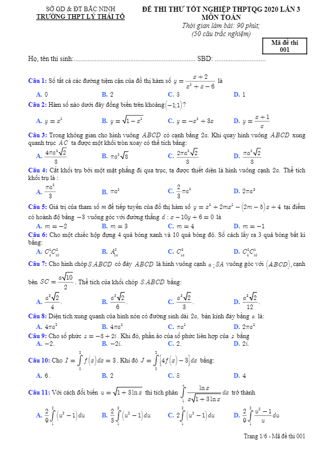 đề thi thử tốt nghiệp thpt 2020 môn toán lần 3 trường lý thái tổ – bắc ninh