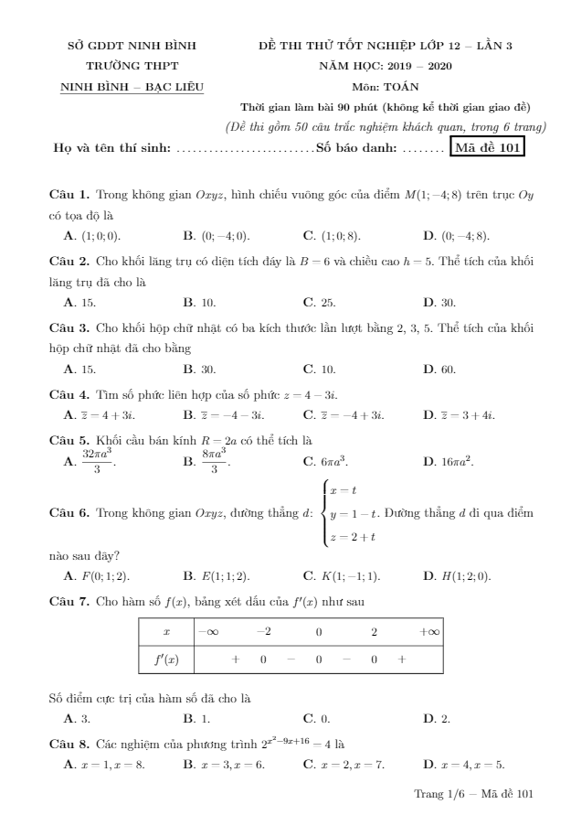 đề thi thử tốt nghiệp thpt 2020 môn toán lần 3 trường thpt ninh bình – bạc liêu – ninh bình