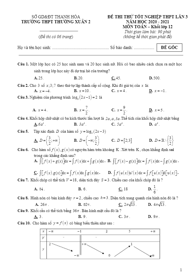 đề thi thử tốt nghiệp thpt 2020 môn toán lần 3 trường thpt thường xuân 2 – thanh hóa