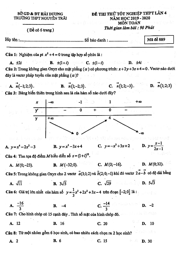 đề thi thử tốt nghiệp thpt 2020 môn toán lần 4 trường chuyên nguyễn trãi – hải dương