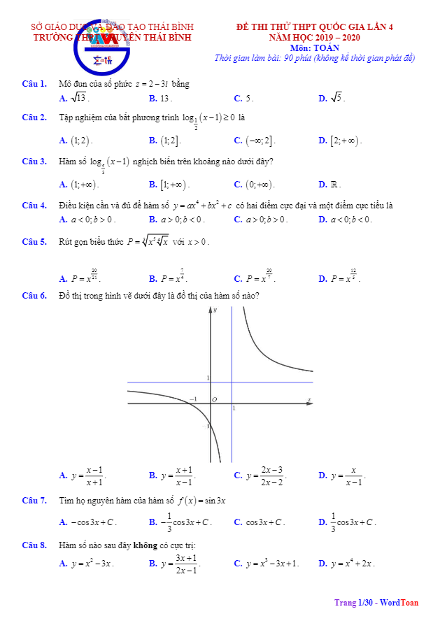 đề thi thử tốt nghiệp thpt 2020 môn toán lần 4 trường thpt chuyên thái bình